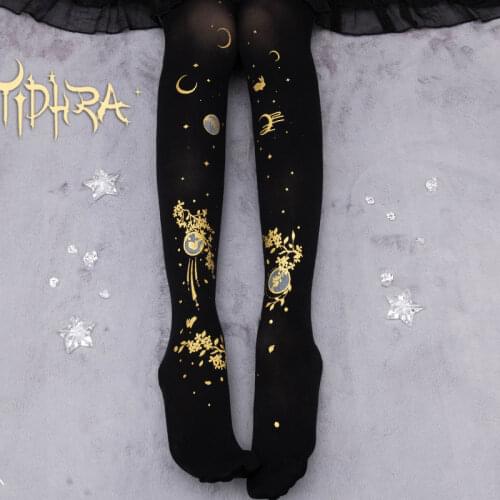 Moon & Rabbit ~ Sweet Patterned Lolita Tights Womens Black Pantyhose by Yidhra