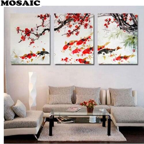 Mosaic,Full Square 5D DIY Diamond embroidery Triptych Koi Fish Diamond Painting flower Cross Stitch Rhinestone Mosaic wall decor