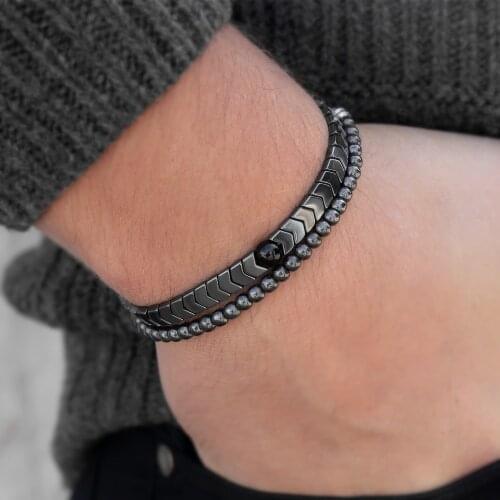 Mens Set Hematite Bracelets European Weaving Mens Brading Macrame Bangle Punk Hiphop Cool Men Jewelry Gift Pulseira Masculina
