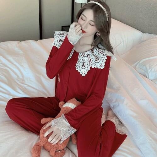 Net Red New Pajamas Women Nightwear Modal Cotton Homewear Lace Lapel Sweet Sleepwear Set Spring Autumn Two Piece Pijamas Suit