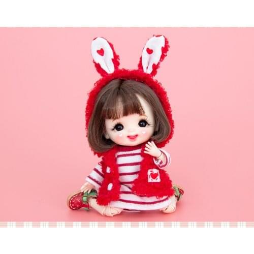 OB11 doll clothing fashion red rabbit ears hooded coat + versatile knitted striped dress two-piece super adorable cute suit