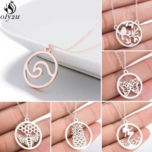 Korean Animal Simple Necklace Stainless Steel Birds Wave Butterfly Bee Necklaces & Pendants Cute Mermaid Necklace Girls Jewelry