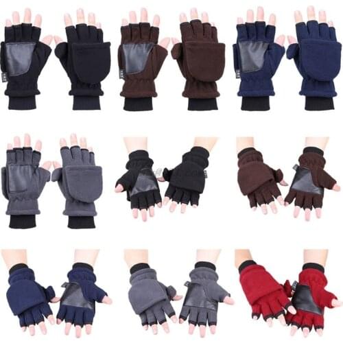 Women Men Winter Half Finger Flip Gloves Double Layer Thicken Touch Screen Fingerless Convertible Mittens Wrist Warmer With Cove