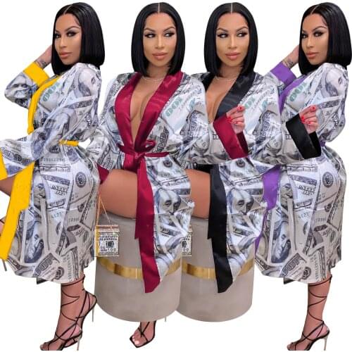 Sexy baby Winter womens clothing US dollar printed lace-up windbreaker mid-length coat 390012