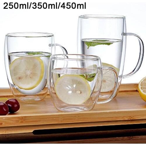 250/350/450ml Clear Coffee Mug Double Wall Insulated Handle Drinking Glass Cup Home Office Cup For Fruit Juice