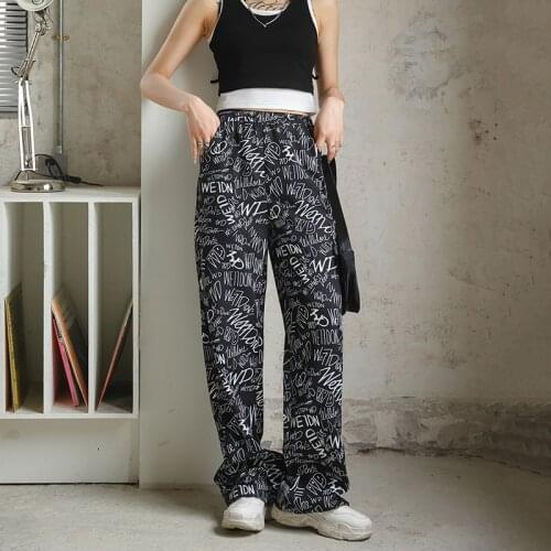Straight Loose Pants Women Casual Wide Leg Long Pants Hip Hop Streetwear Style Letter Graffiti Print High Waist Drape Trousers