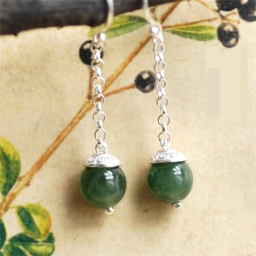 Retro Natural Emerald Jade Earrings 925 Sterling Silver Earrings Beads Earrings