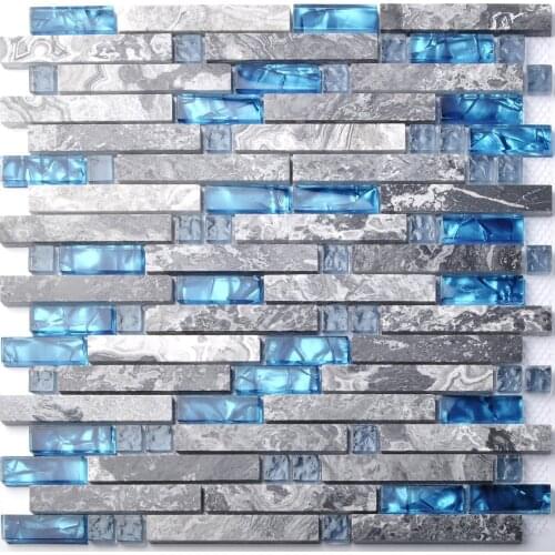 Grey Marble stone Sea blue glass mosaic wall floor tile for kitchen backsplash bathroom interlock linear shower fireplace brick