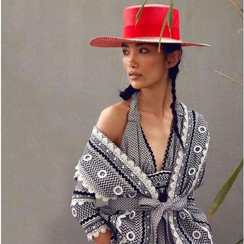 Custom Retro Red Flat Top Hat Chapeu Feminino Spring Summer French Elegant Wide Brim Paper Straw Hat For Women Holiday Beach Hat
