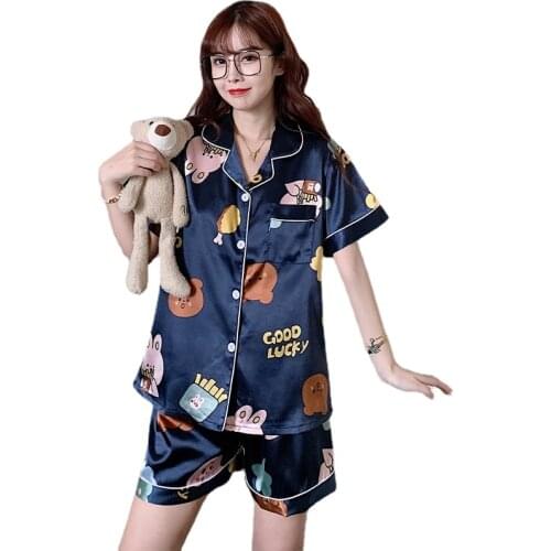 Women Sleepwear 2021 Summer Pajamas Fake Silk Print Sweet Women Sleepwear Set Girl Nightgown Short Pant Cute Silk Pajamas Sets
