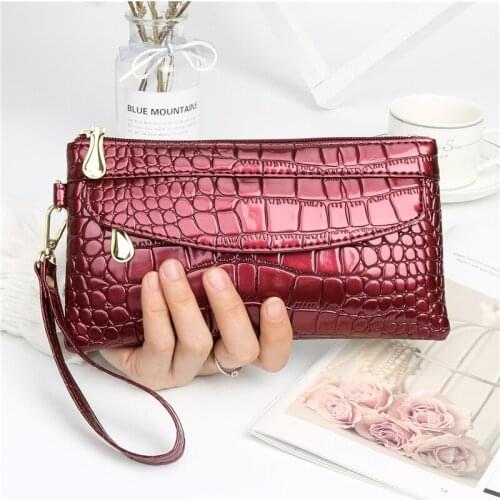 Patent Leather Womens Wallets Fallow Long Ladies Double Zipper Wallet Clutch Bag Design Red Purse Crocodile Purses