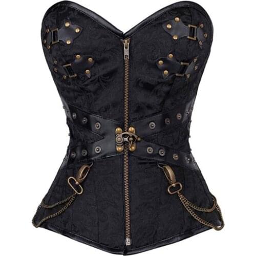 Womens Faux Leather Steel Boned Bustiers Corsets Vintage Steampunk Cool Warrior Chain Design Brocade Zip up Corselet with Thong