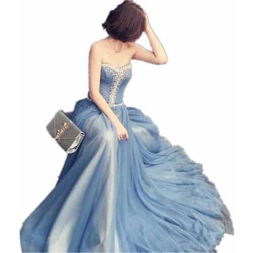 New Fashion Sweetheart Court Train Long Blue Dress Beading Crystal A-Line Woman Long Dress Elegant Evening Tulle Caftan Dress