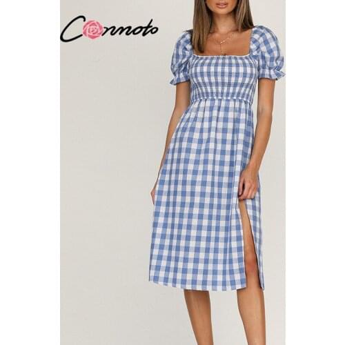 Conmoto Blue square collar plaid women dress Summer A-line high waist puff sleeve dress Elegant Mid-length short-sleeved dress