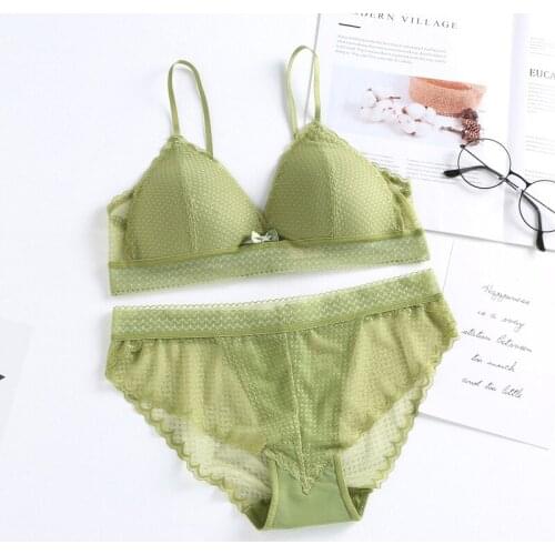 Womens solid color underwear base set gather deep V bra panties new French sexy lace underwear soft cup fresh hollow bra set