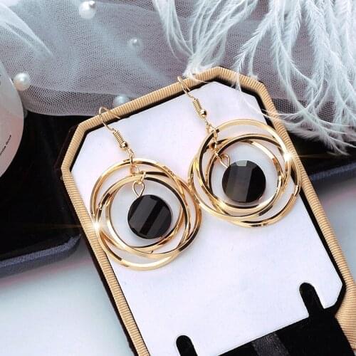 2019 Fashion Big Gold Silver Circle Drop Earrings for Women Exquisite Black Crystal Geometric Earring Party Jewelry Accessories