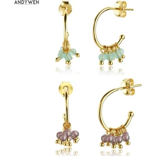 ANDYWEN 925 Sterling Silver Gold Green Purple Beads Charm Hoops Piercing Luxury Fashion Fine Jewelry 2020 Ohrringe Pendientes