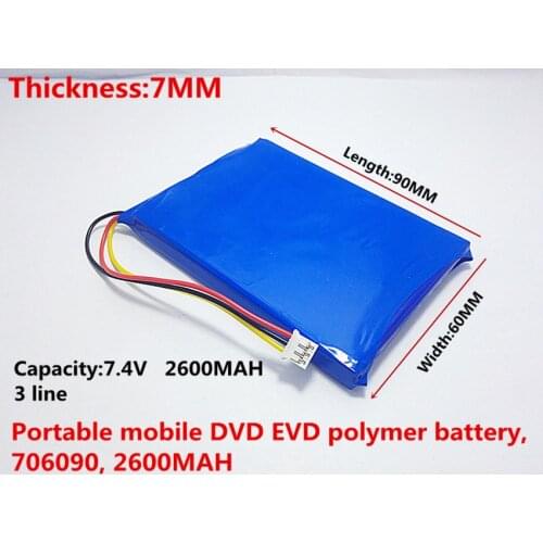 Free shipping Three lines with plug the battery 7.4 V Sast portable mobile DVD EVD 706090 2600 mah