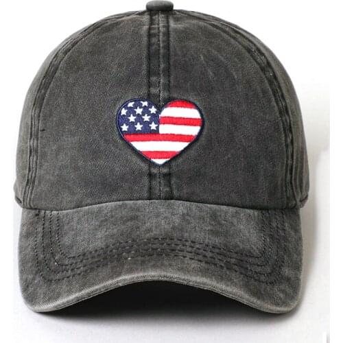 100% cotton washed USA Flag Heart baseball cap embroidery men women fashion dad hats curved sun snapback hats for sports