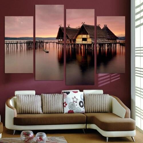 Unframed 4 Panel Beautiful Sunset Sea View Large HD Picture Modern Home Wall Decor Canvas Print Landscape Oil Painting