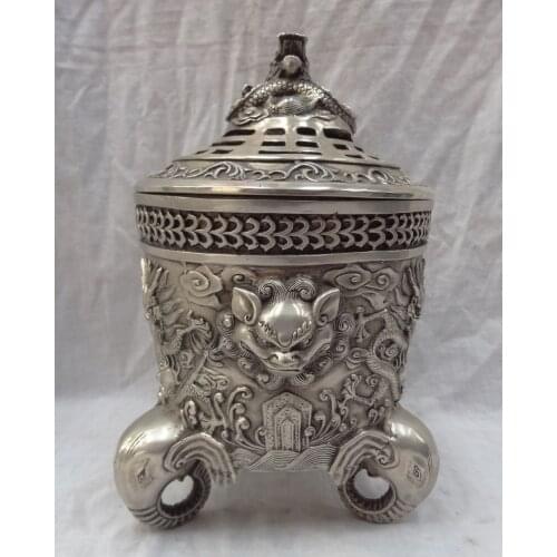 Bi002209 Tibet Silver Dragon Lion Head Statue Bronze Box Elephant Incense Burner Censer