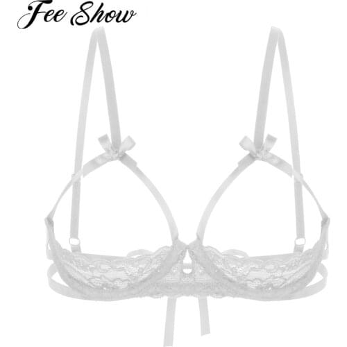 Transparent Sheer Lace Bra Tops Naughty Lingerie Adjustable Straps Sexy Womens Erotic Push Up Underwired Open Cup Bra Underwear