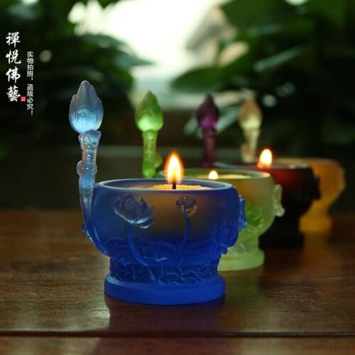 Coloured glaze embossed lotus lotus lotus candlestick Buddha front lamp with butter lamp base lamp holder home decore