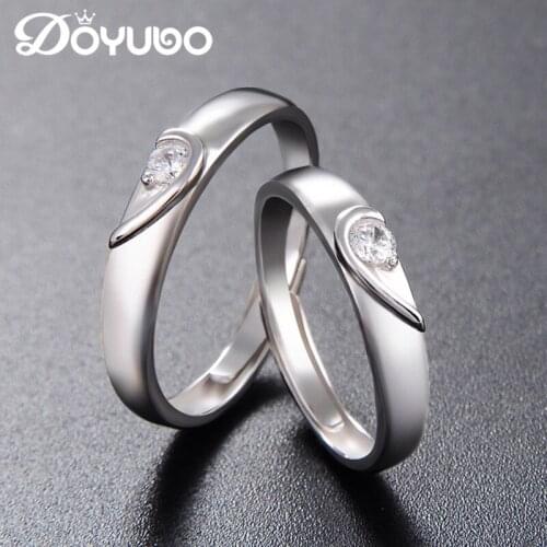 DOYUBO Romanti 925 Sterling Silver Lovers Rings Heart Shape Adjustable Size Luxury Solid Silver Couples Rings Fine Jewelry VB253