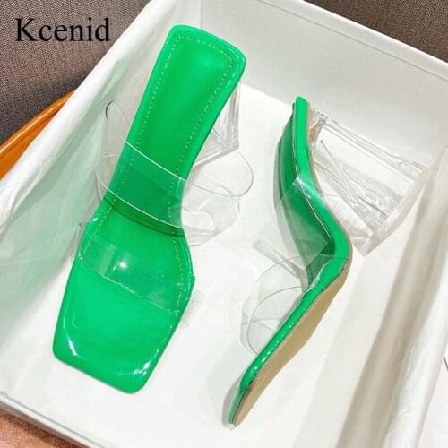 Kcenid Green Orange New Design Crystal Strange High Heels Ladies Slippers Elegant Square Toe Women PVC Transparent Jelly Shoes