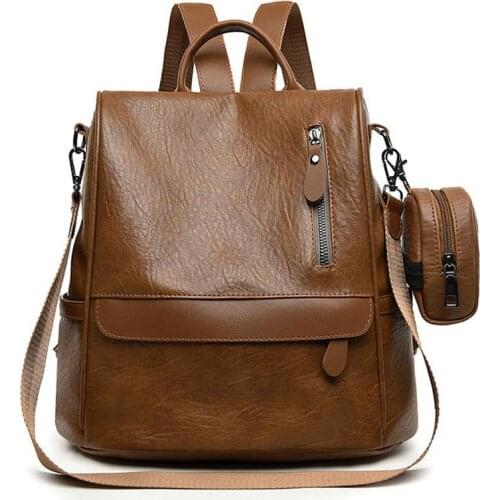 2PCS Set Women Backpack Travel Large Daughter Packages Wallet Schoolbag Pu Bag Khaki Black