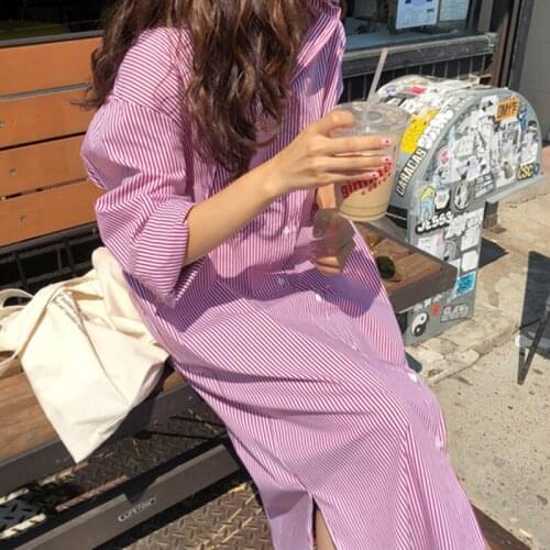 Korea Design Single-breasted Loose Shirts Dress Vintage Striped Cotton Preppy Style oversize Loose Autumn Dress Women Long Dress