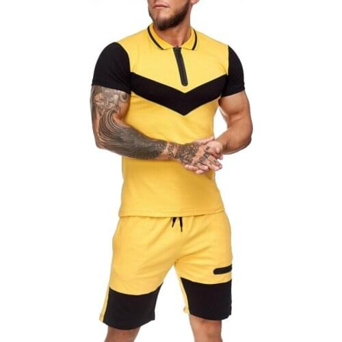 Summer Men Set Sportswear Colorblock Short Sleeve Shirt+ Shorts 2 Piece Set Thin Tracksuit Mens Fitness Running Sport Sweat Suit