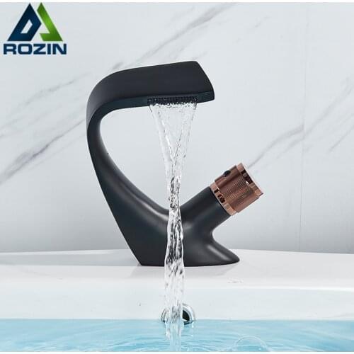 Rozin Matte Black Basin Faucets Waterfall Modern Brass Bathroom Faucet Deck Mount Simple Design Crane Cold Hot Water Mixer Tap