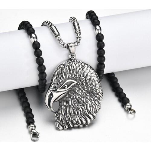 Mens Stainless Steel Eagle Hawk Biker Pendant Necklace Black Stone Beads Chain Necklaces