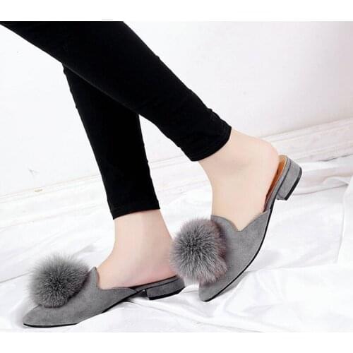 Mules Slippers Women Summer Autumn Cute Fur Ball Square Root Slippers Pointed Suede Female Drag Rabbit Fur Head Half Drag