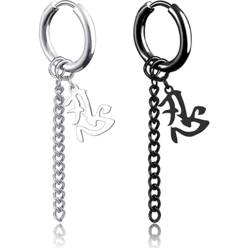 Non pierced hiphop Black stainless steel drop earrings for man women long chain Ninja pendant tassel vintage jewelry 2020