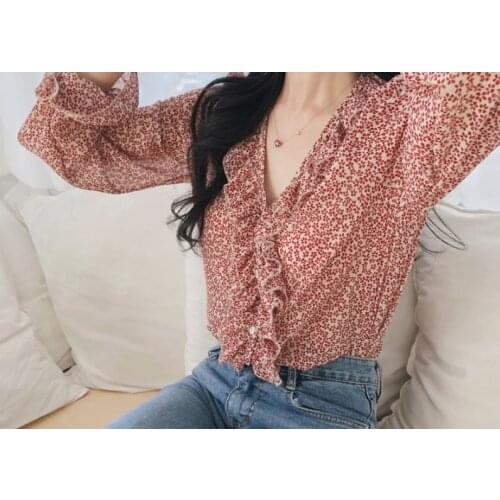 New plus size Red Girls Long Sleeve Summer Shirt Floral V neck Ruffled Shirts Womens Tops and Blouses Print Chiffon Blouse Women
