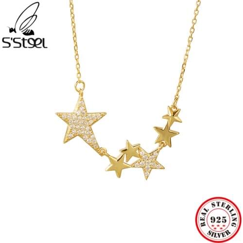 SSTEEL Sterling Silver 925 Stars Pendant And Necklace Gift For Women Minimalist Zircon Gold Chain Fashion Accessories Jewellery