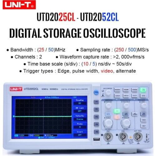 UNI-T UTD2025CL UTD2052CL Digital Storage Oscilloscopes 2 Channels 250-500MS/s Sample Rate 7-inch TFT LCD Scopemeter 100-240VAC