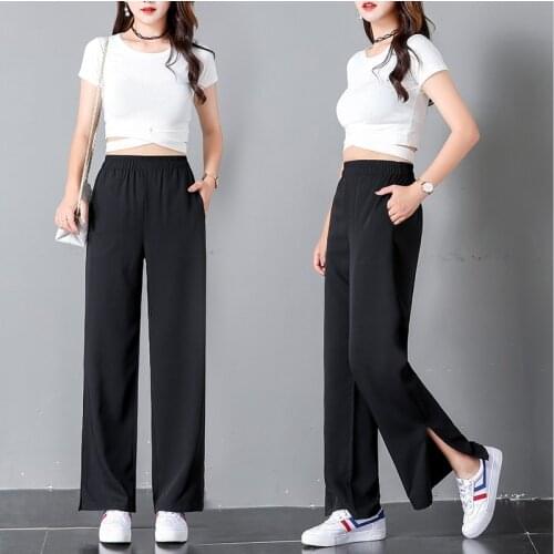 2020 Womens Long Pants Chiffon Slim Elastic Waist Wise Leg Pants New Fashion Casual Solid Trousers Loose High Waist Split Pants