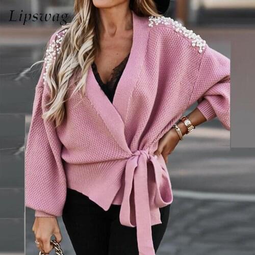 Women Casual Long Sleeve Tops Fashion Tie Front Sweaters 2021 Autumn Ladies Winter Elegant Beaded Drop Shoulder Cardigan Sweater