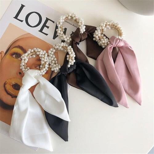 Stylish Women Pearl Hair Ties Retro Streamer Holder Ponytail Flower Hair Scrunchies Bow Rubber Band Sweet Cute Hair Accessories