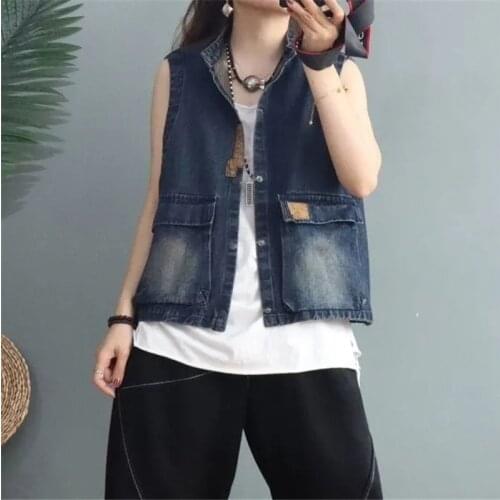 Short Denim Vest Jackets Women 2021 New Plus Size Loose Dimensional Pocket Retro Street Wild Sleeveless Jeans Jacket Female Tide
