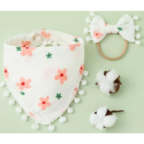 2Pcs Baby Bibs Cut Pompom Triangle Double Cotton Bibs Floral Print Saliva Towel Baby Boys Girls Feeding Apron Bandana Bibs