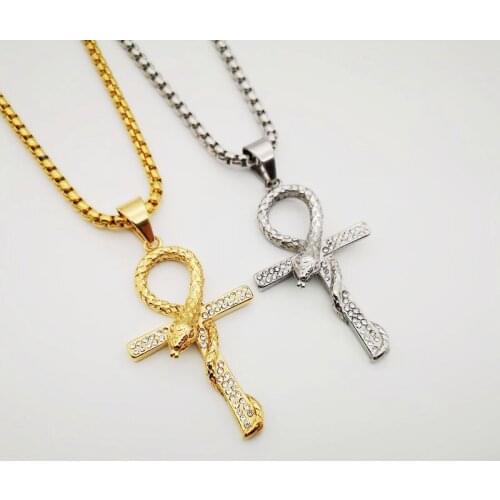 2020 AW ANKH cross pendant necklace Bling Bling rhinestones snake Ankh cross necklace men performance jewelry fashion necklace