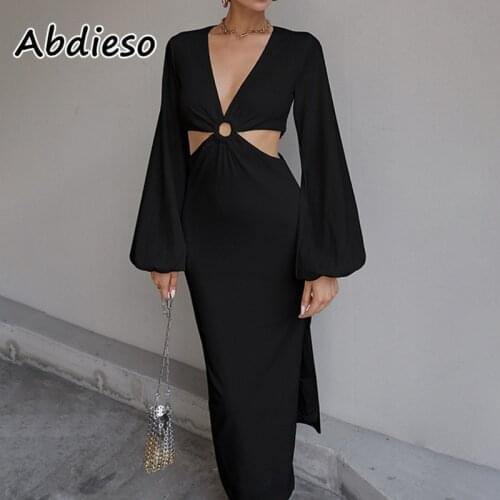 Abdieso 2021 Women Elegant Autumn Winter Bodycon Dress Cut Out Long Lantern Sleeve Split Maxi Dress Party Sexy Robe White Black
