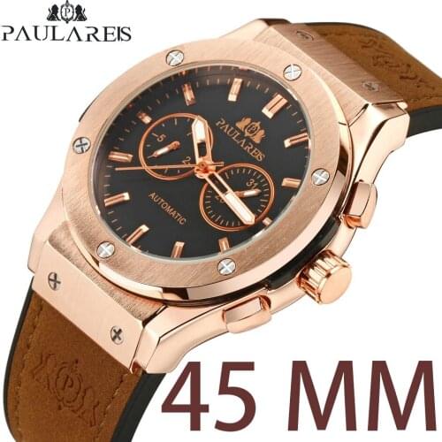 Automatic Mechanical Watch Mens 45MM Top Brand Luxury Mens Watch 2021 Business Leather Strap Multifunction Waterproof Watches