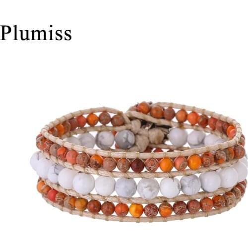 Gypsy Natural Stones Wide Wrap Bracelets Bangles for Women Lovers Handmade Braided Howlite Woman Cuff Bracelet Boho Jewelry Gift