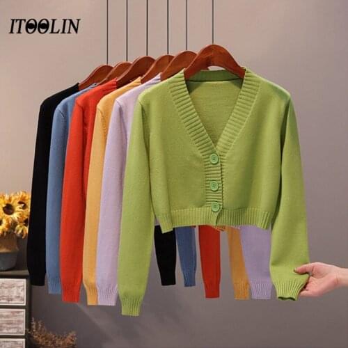 ITOOLIN Women Spring Knitted Cardigan Sweater Long Sleeve V-neck Jumpers Button Up Cardigans Knitted Crop Tops For Women