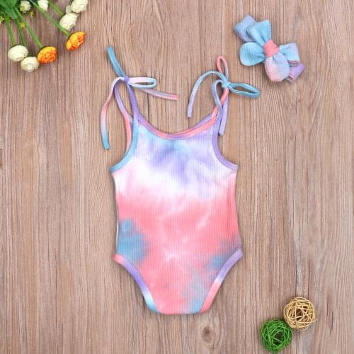 Newborn Baby Girls Romper Tie-Dye Infant Baby Girls Bodysuits Headband Printed Sleeveless Jumpsuits 0-24M